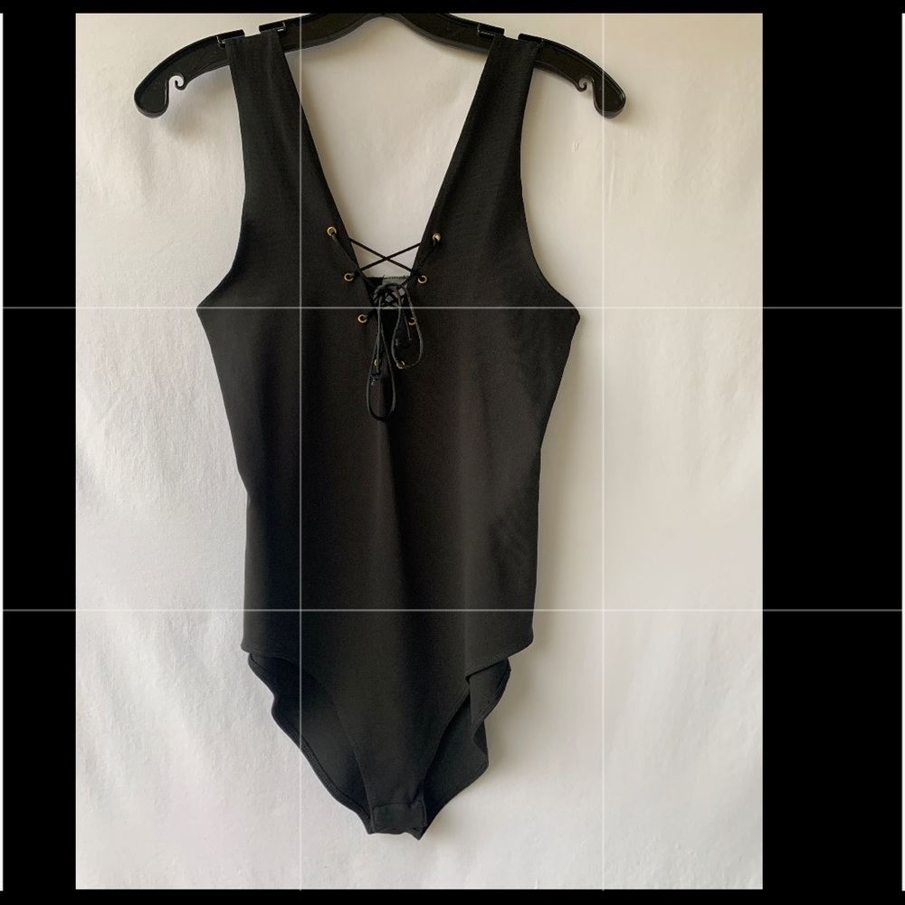 Black Bodysuit with gold accent- front tie- deep-V